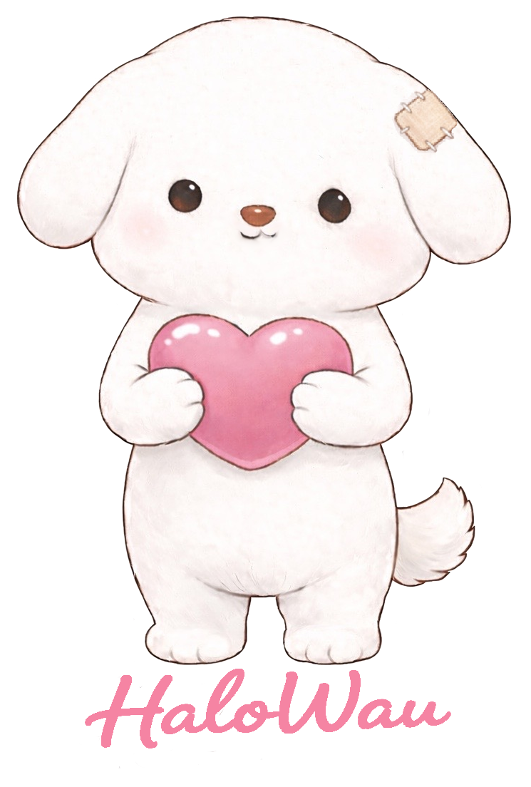 HaloWau – cartoon dog holding a heart with a small bandage on its ear
